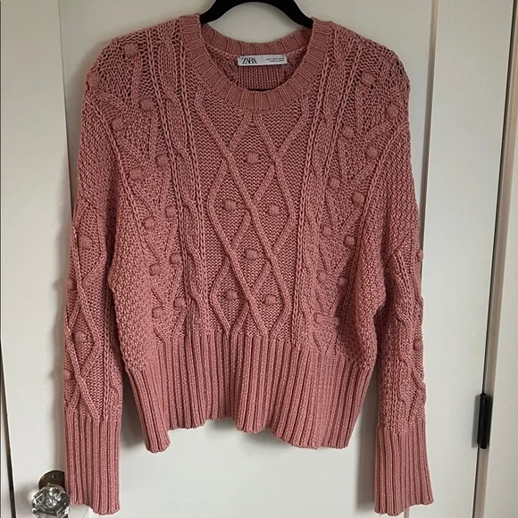 🪅Zara Pink Cable Knit Cotton Oversize Crewneck Sweater Small - Picture 4 of 9